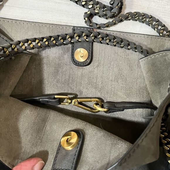 Shoulder Bag  Faux Suede Charcoal Gray with Chain Braided Straps and Details - Picture 4 of 7